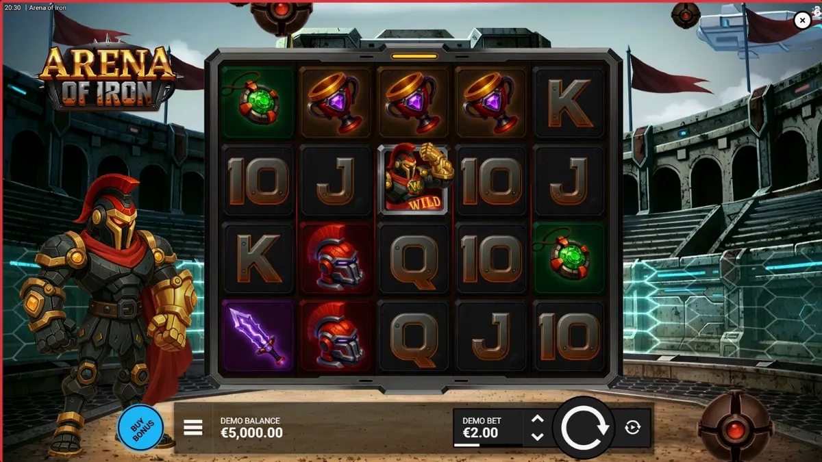 Tampilan antarmuka seluler slot Arena of Iron dengan latar belakang arena futuristik
