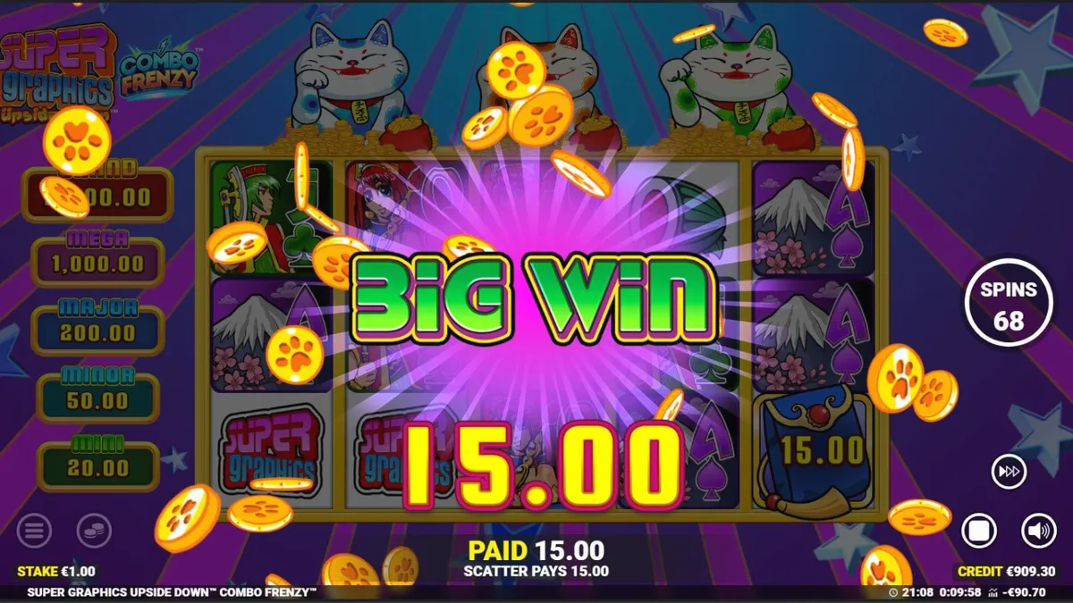Tampilan visual slot Super Graphics Upside Down dengan tema anime dan Lucky Cats