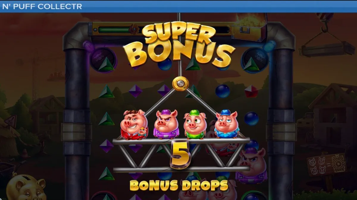 Tampilan visual slot Huff n Puff CollectR dengan tema babi konstruksi dan serigala