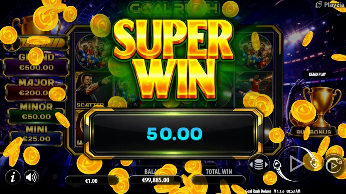 Tampilan visual stadion sepak bola dalam permainan slot Goal Rush Deluxe Hold and Win