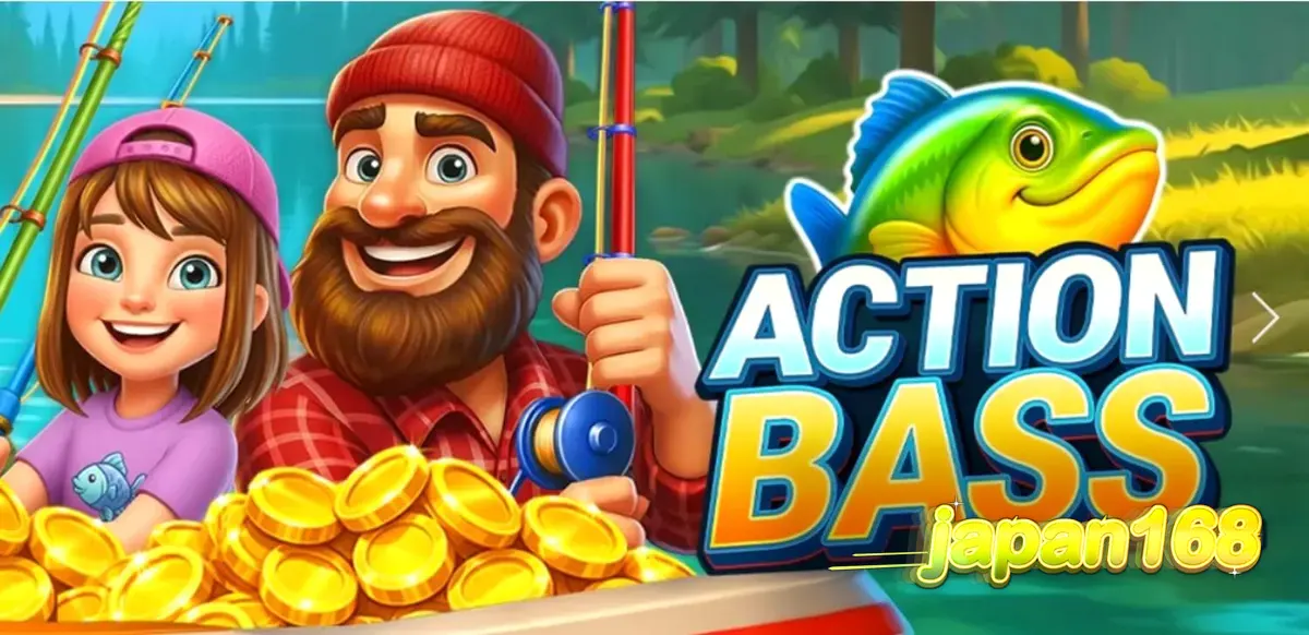 Pemandangan tepi danau yang tenang dengan karakter pemancing di slot Action Bass